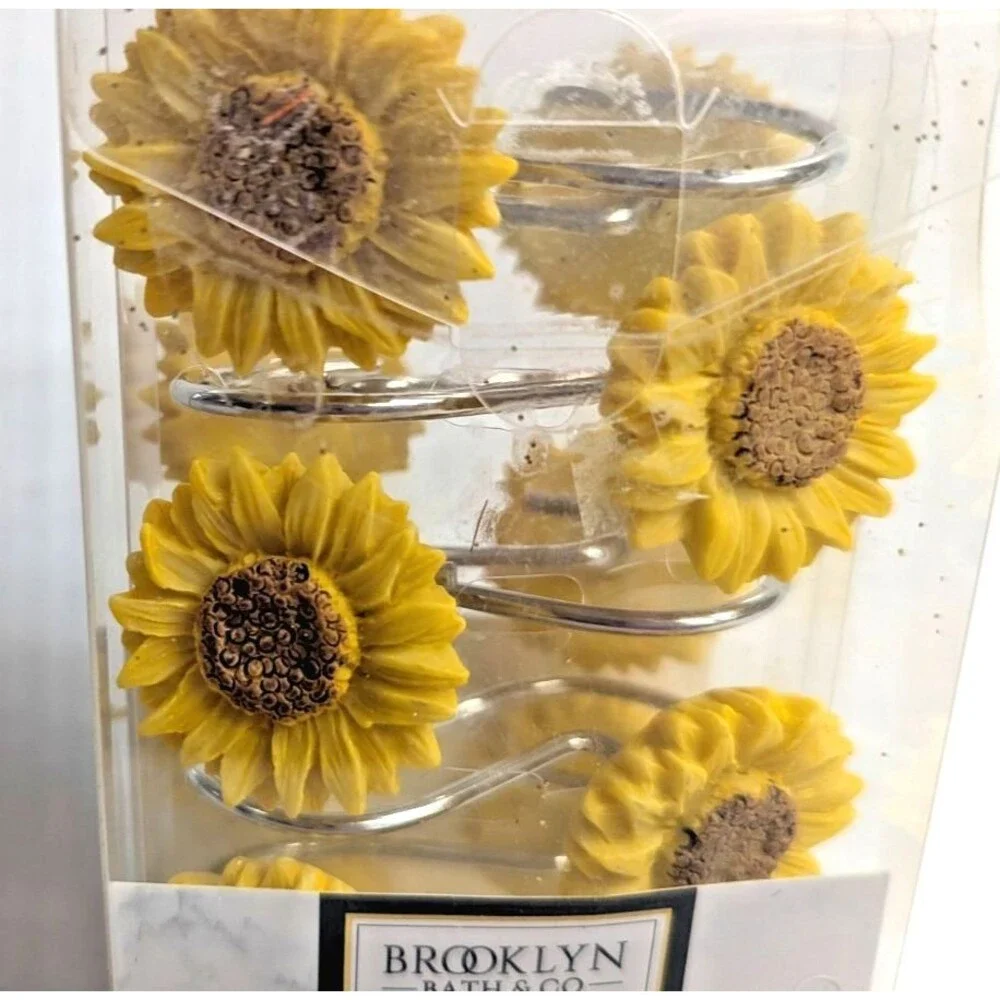 Daisy Shower Curtain Hooks 12-pc Yellow Brown Flower Resin Metal Sunflowers NEW